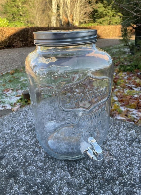 Essigtopf aus Glas mit Auslaufhahn, grün karierter Stoff, 8 Liter